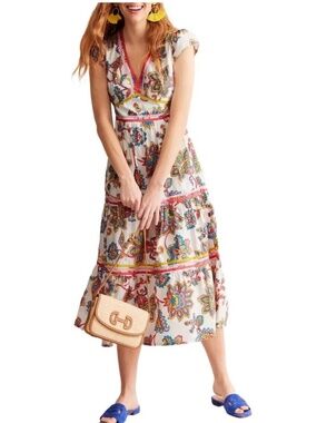 Boden Petite Midi Dress Tiered White Vibrant Colorful Paisley Floral Cotton 6P